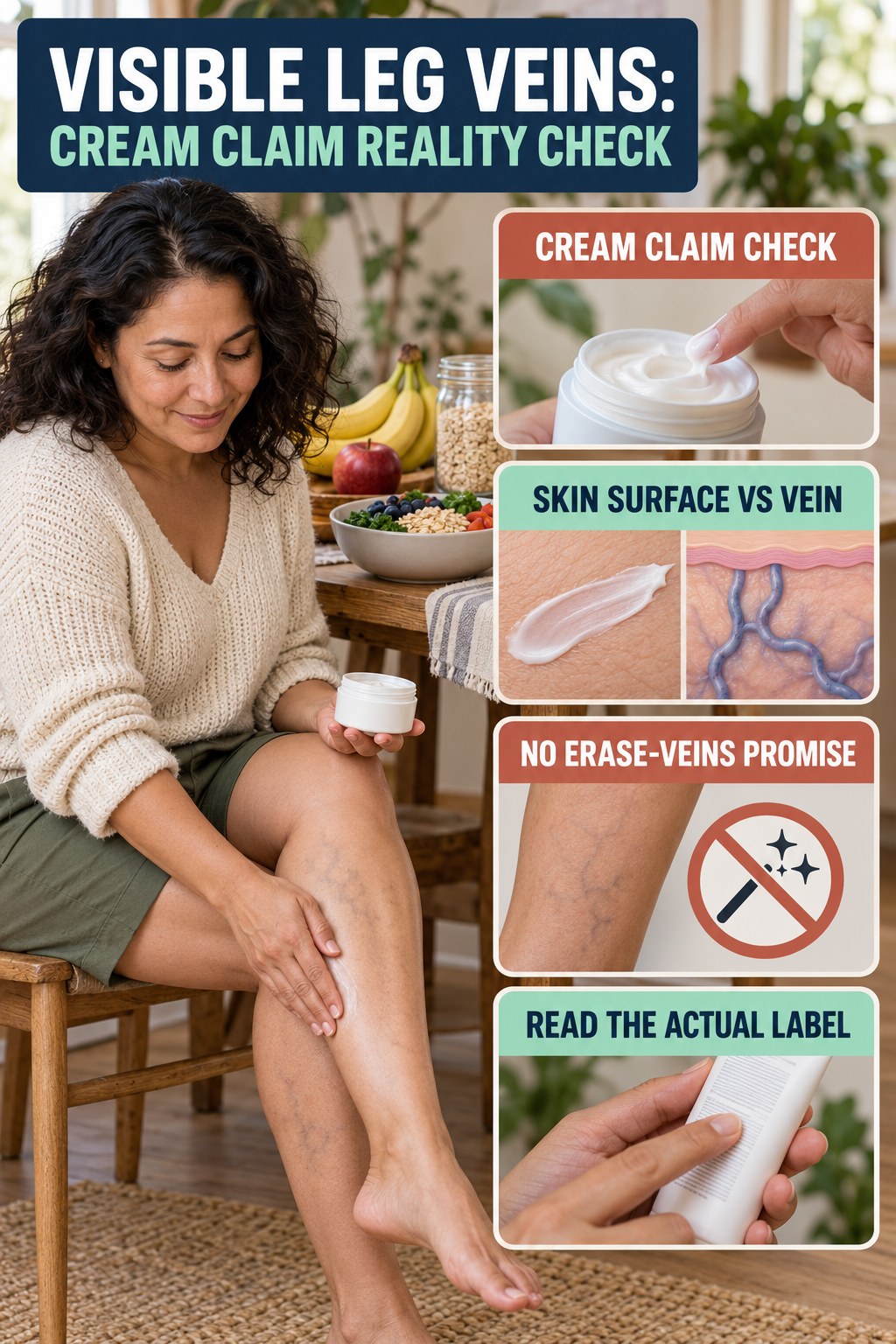 Cream Claim Reality Check infographic for High Fiber Foods, showing body-neutral visible-leg-vein appearance care and the boundary between temporary cosmetic support and treatment.