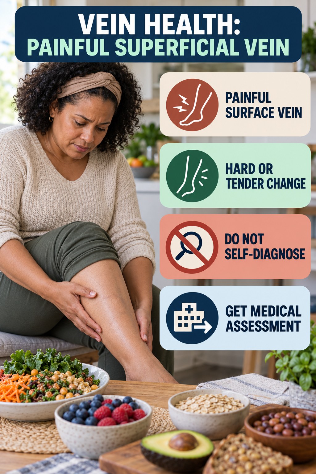 Painful Superficial Vein infographic for High Fiber Foods, explaining vein-health warning signs and the appropriate next action without diagnosing a condition.