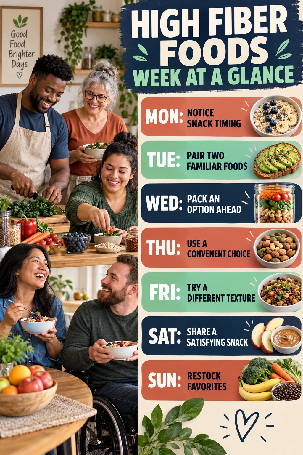 Weekly High Fiber Foods plan graphic with concise Monday-to-Sunday actions and flexible recovery guidance.
