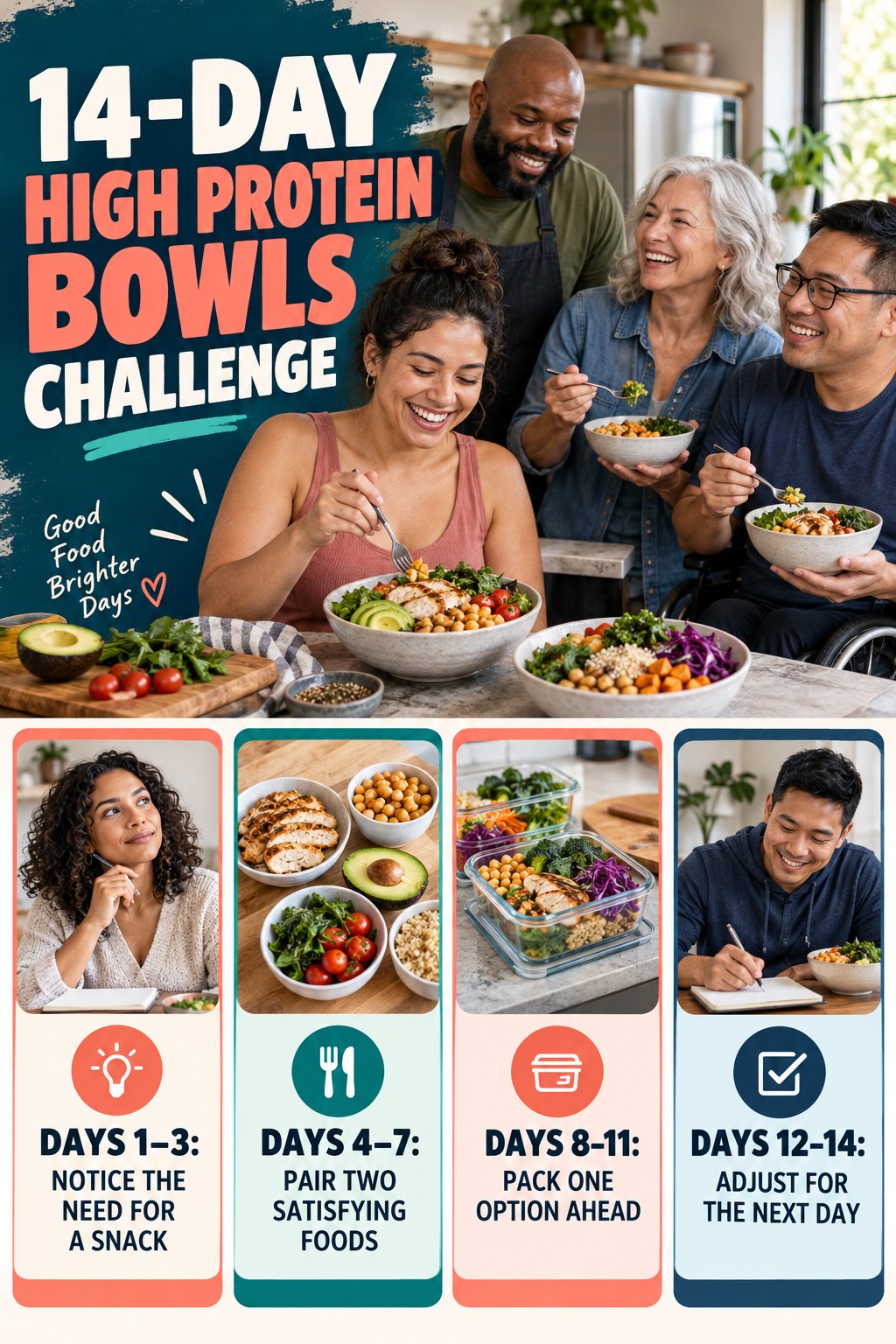 14-day High Protein Bowls challenge graphic showing four manageable milestones for consistent practice.