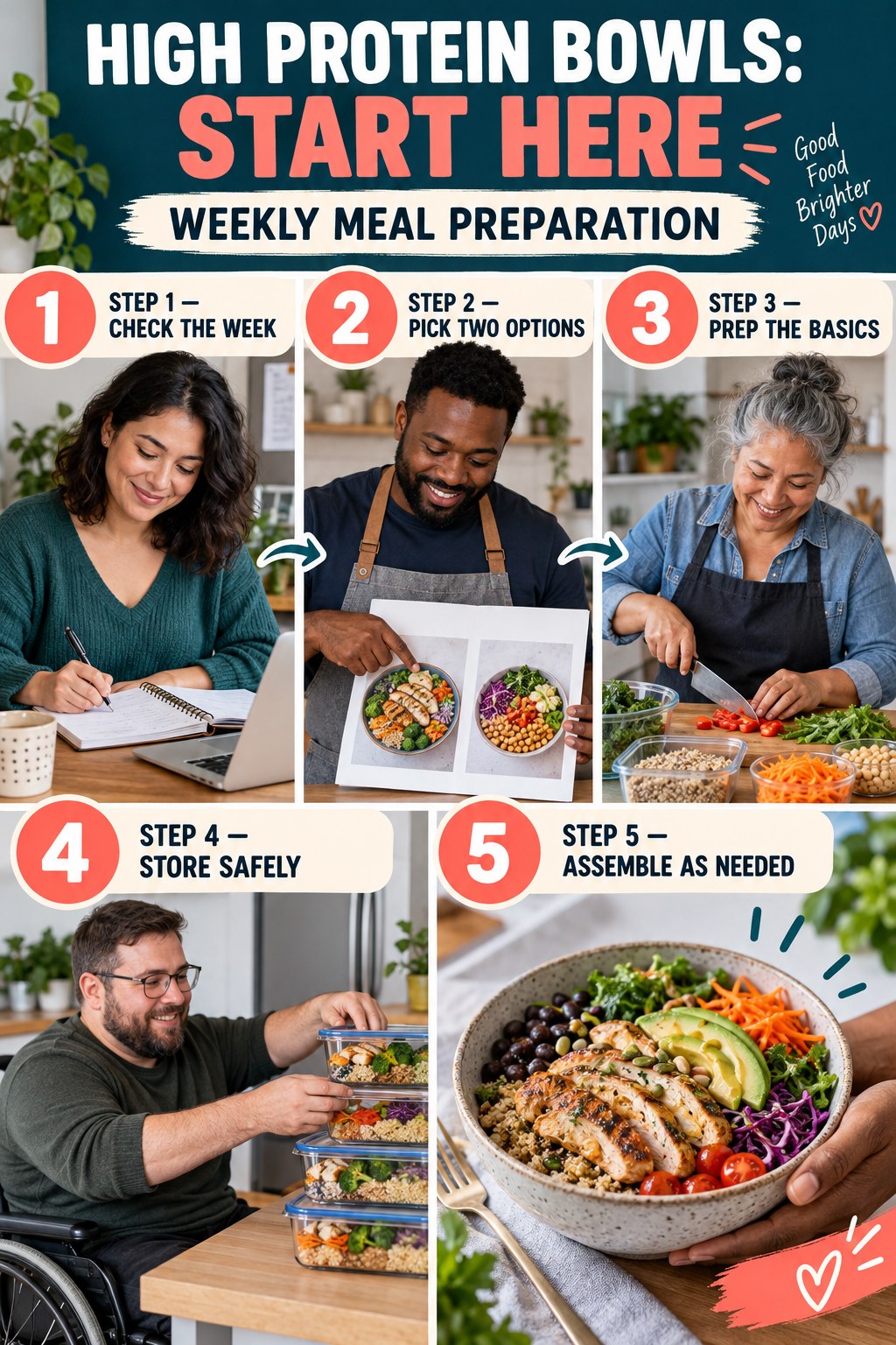 High Protein Bowls beginner guide graphic showing five manageable stages for weekly meal preparation.