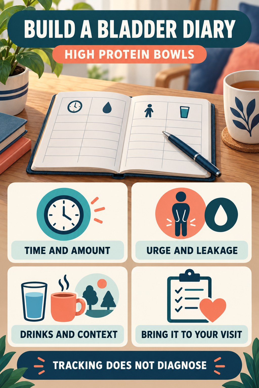 Build a Clear Bladder Diary urinary symptom tracking infographic for High Protein Bowls with four practical diary points and a non-diagnostic reminder.