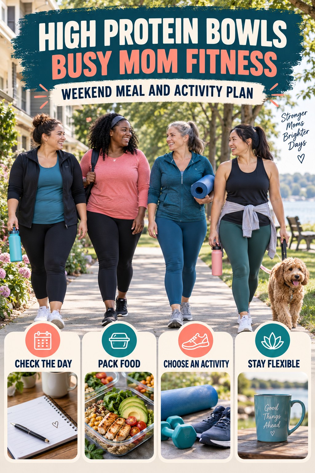 High Protein Bowls busy-mom fitness graphic titled Weekend Meal and Activity Plan with four practical movement prompts.
