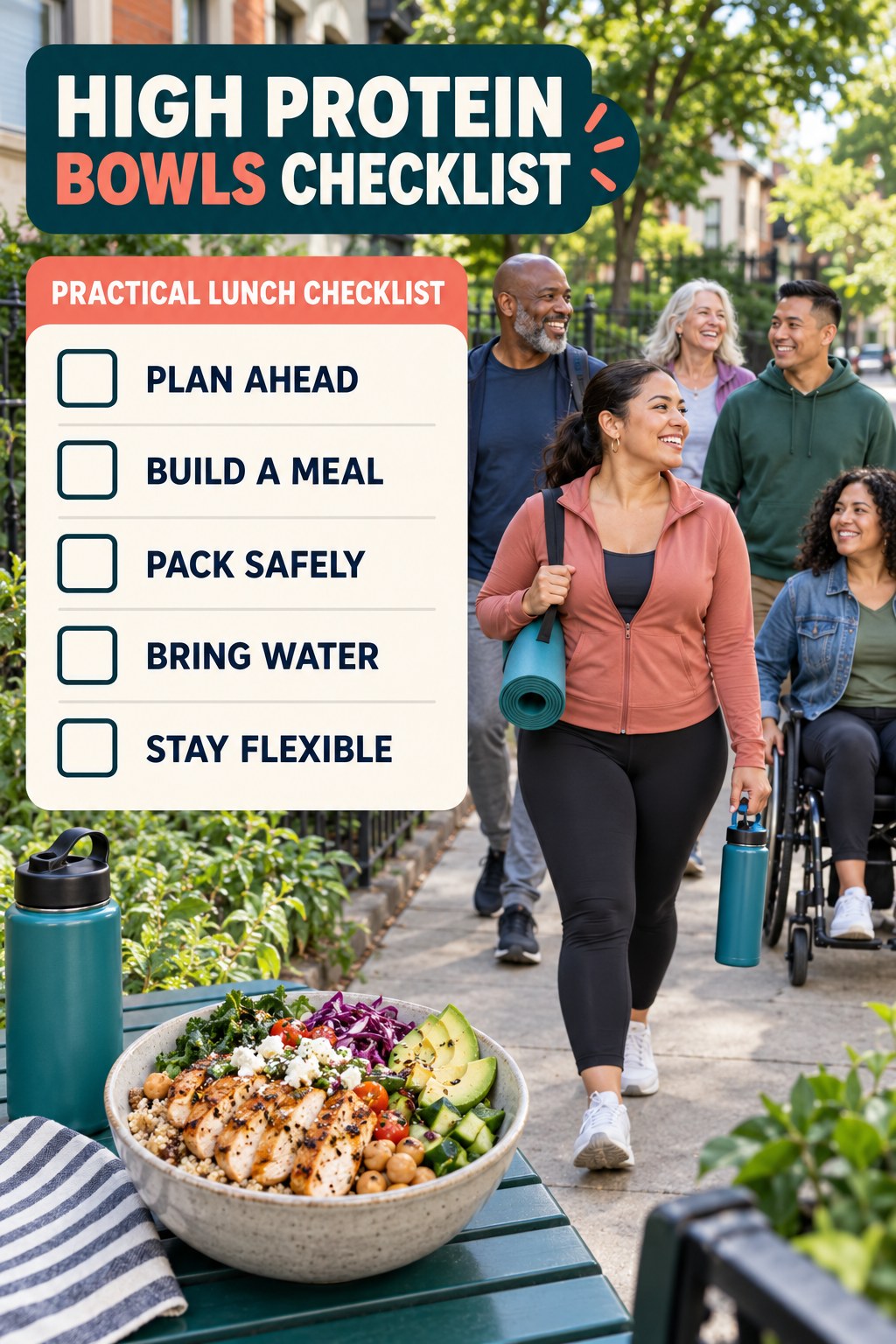 High Protein Bowls checklist graphic titled Practical Lunch Checklist with five clear practical wellness items.