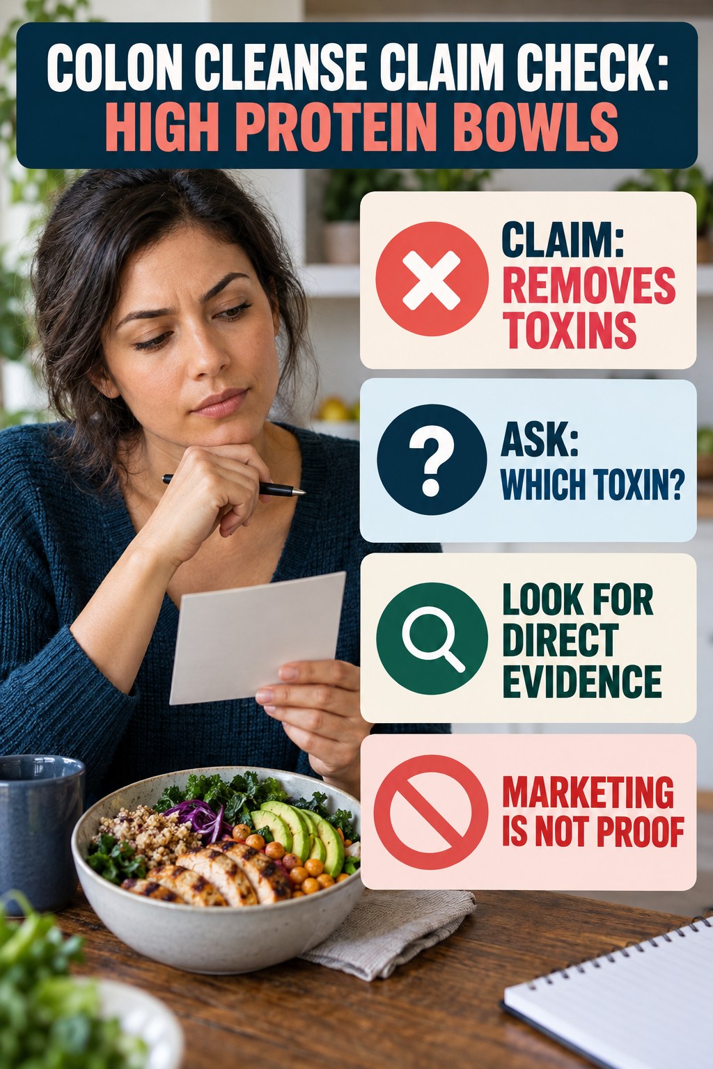 Undefined Toxin Claims infographic for High Protein Bowls, separating a colon-cleanse marketing claim from evidence, reasonable conclusions, and safety context.