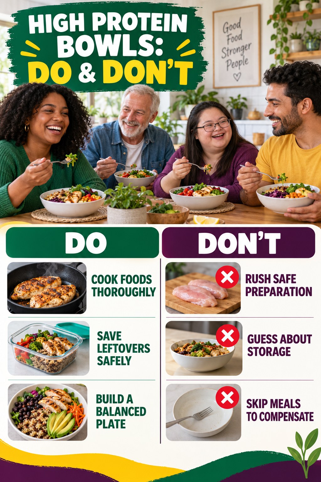 High Protein Bowls Do and Don’t comparison graphic showing three practical behavior pairs for balanced choices.