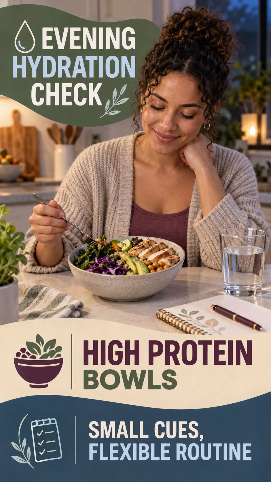 Evening Hydration Awareness infographic for High Protein Bowls, showing a flexible and calming evening wellness routine.