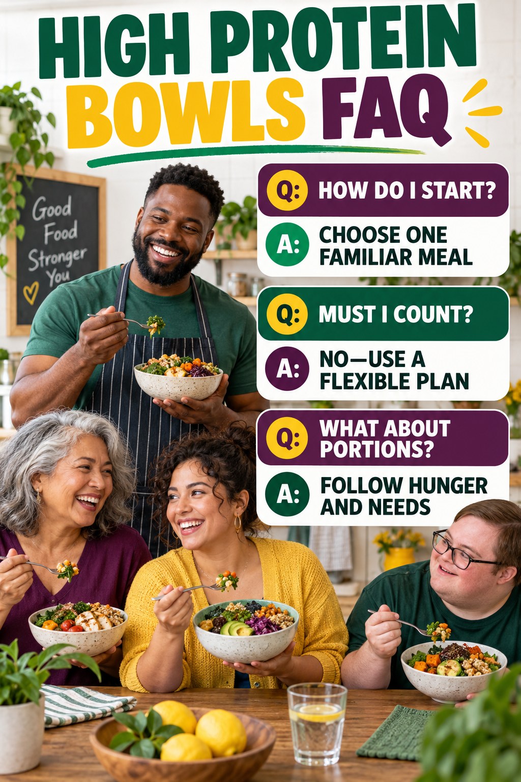 High Protein Bowls FAQ graphic with three concise questions and practical answers for beginners.