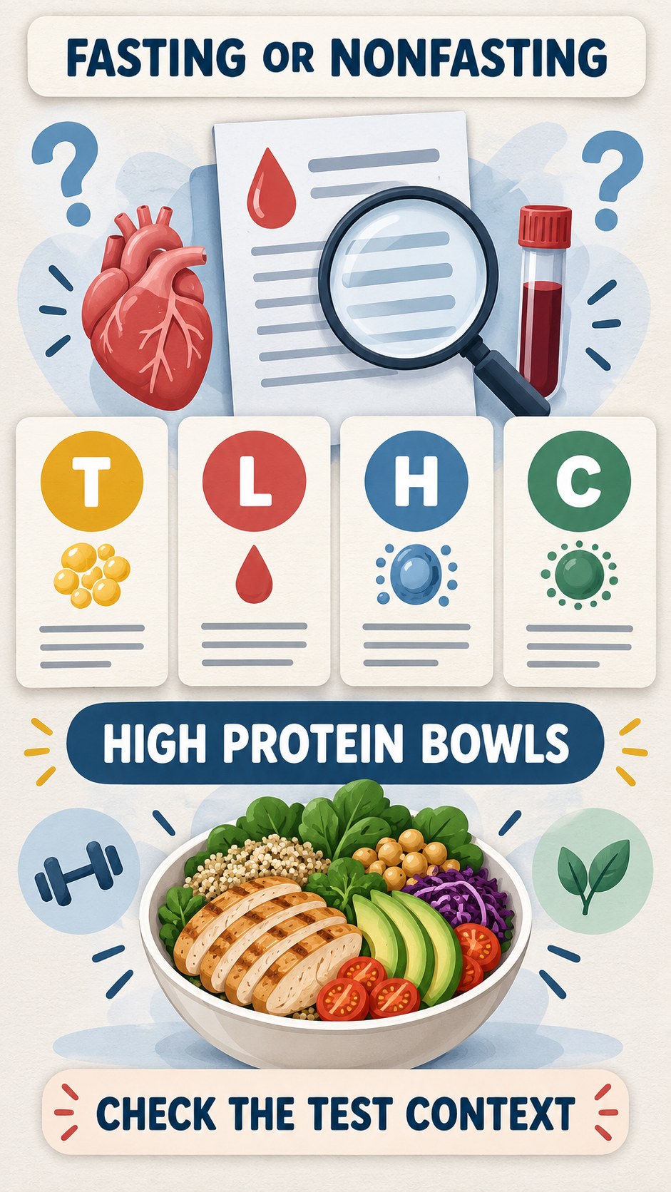 Fasting and Nonfasting Questions infographic for High Protein Bowls, using a non-numerical educational lipid-panel layout with question and context icons.