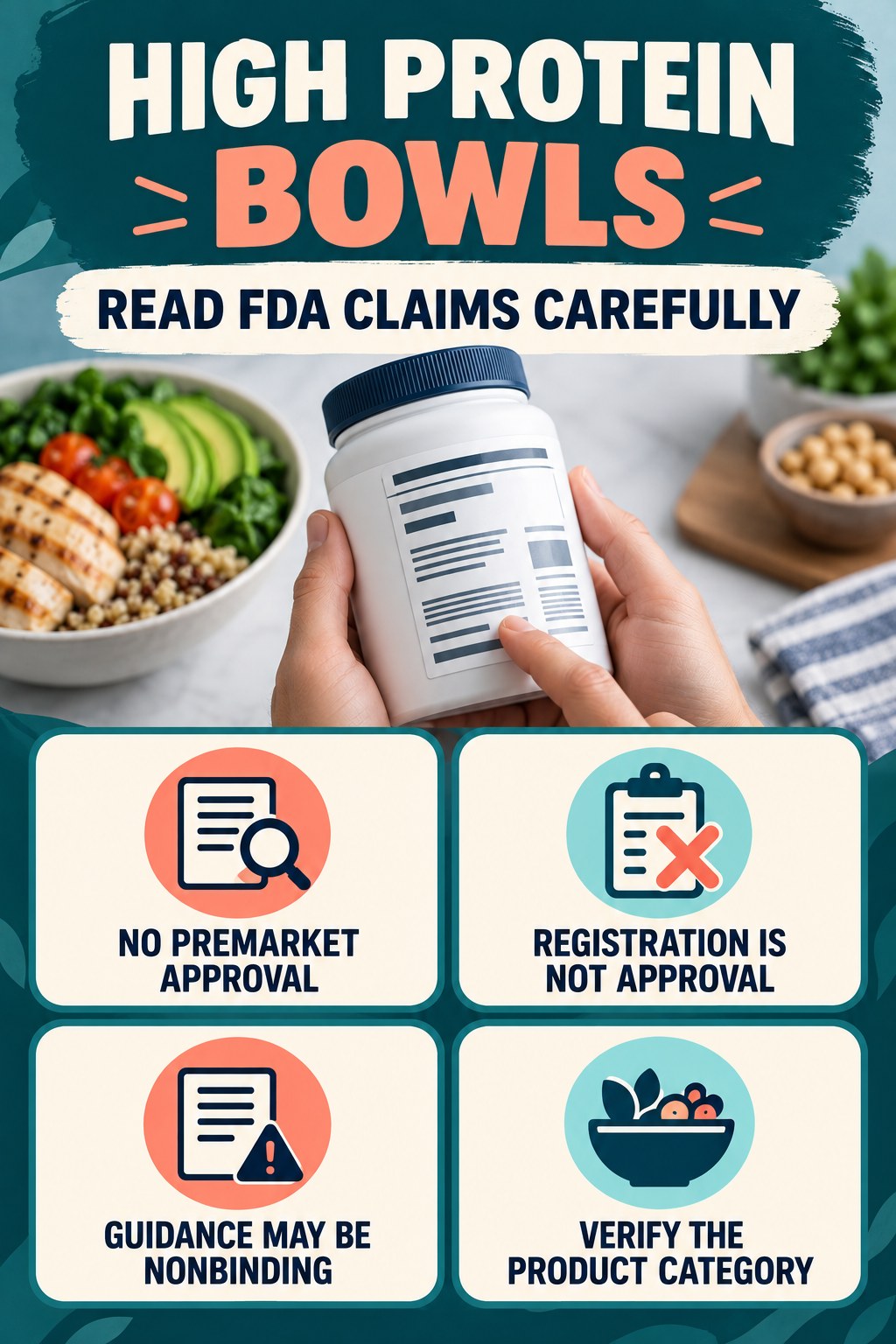 FDA Status on Supplement Labels infographic for High Protein Bowls with four concise probiotic-label reading points.