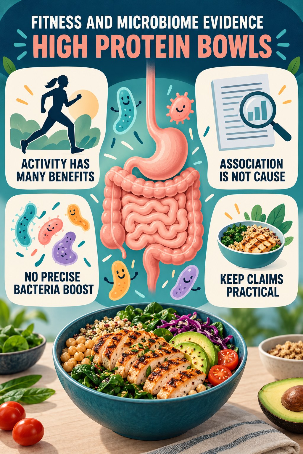 Fitness Headlines and Microbiome Evidence educational infographic for High Protein Bowls with four evidence-aware points.
