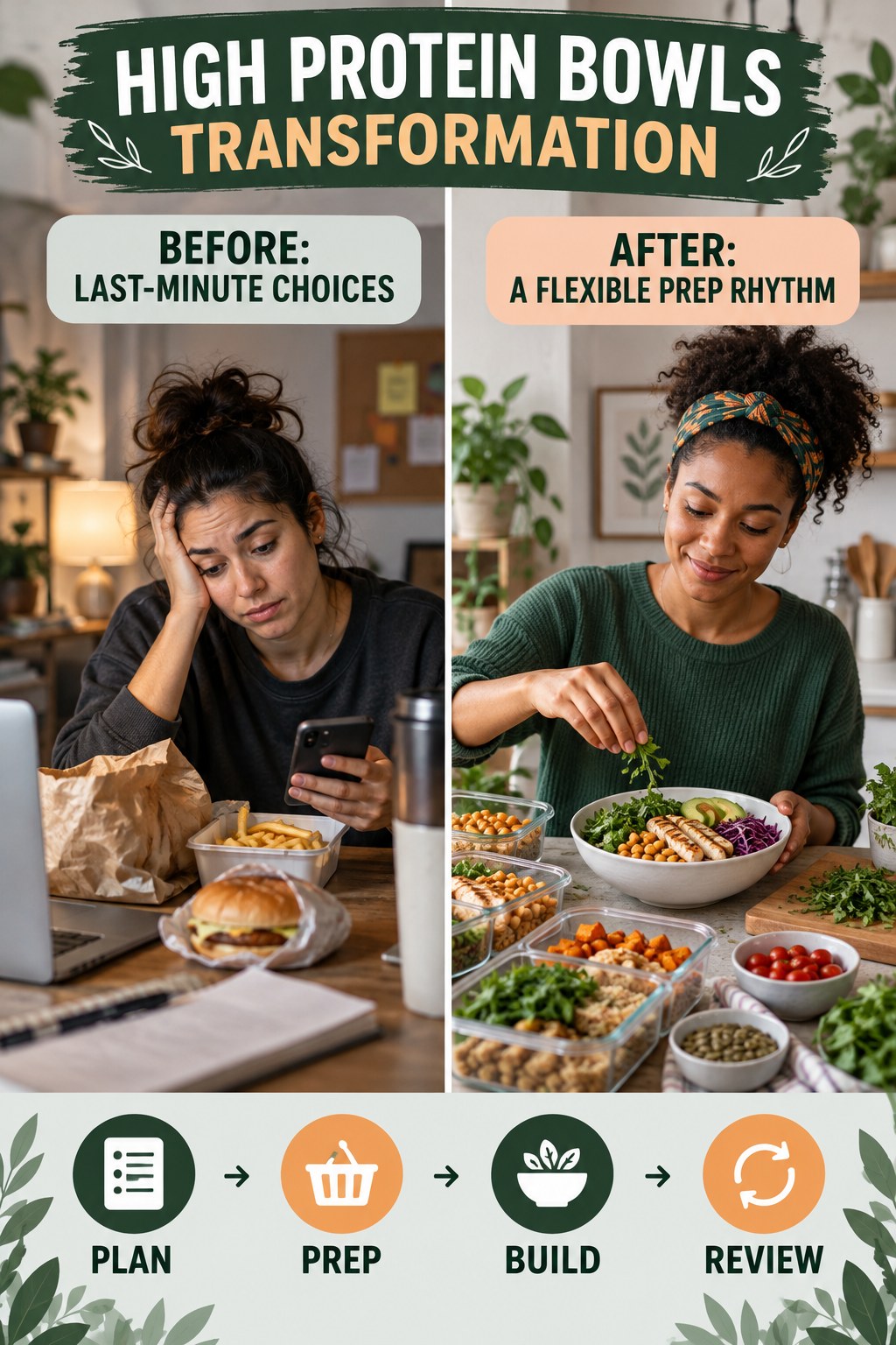 High Protein Bowls habit transformation graphic comparing last-minute choices with a flexible prep rhythm using four practical steps.