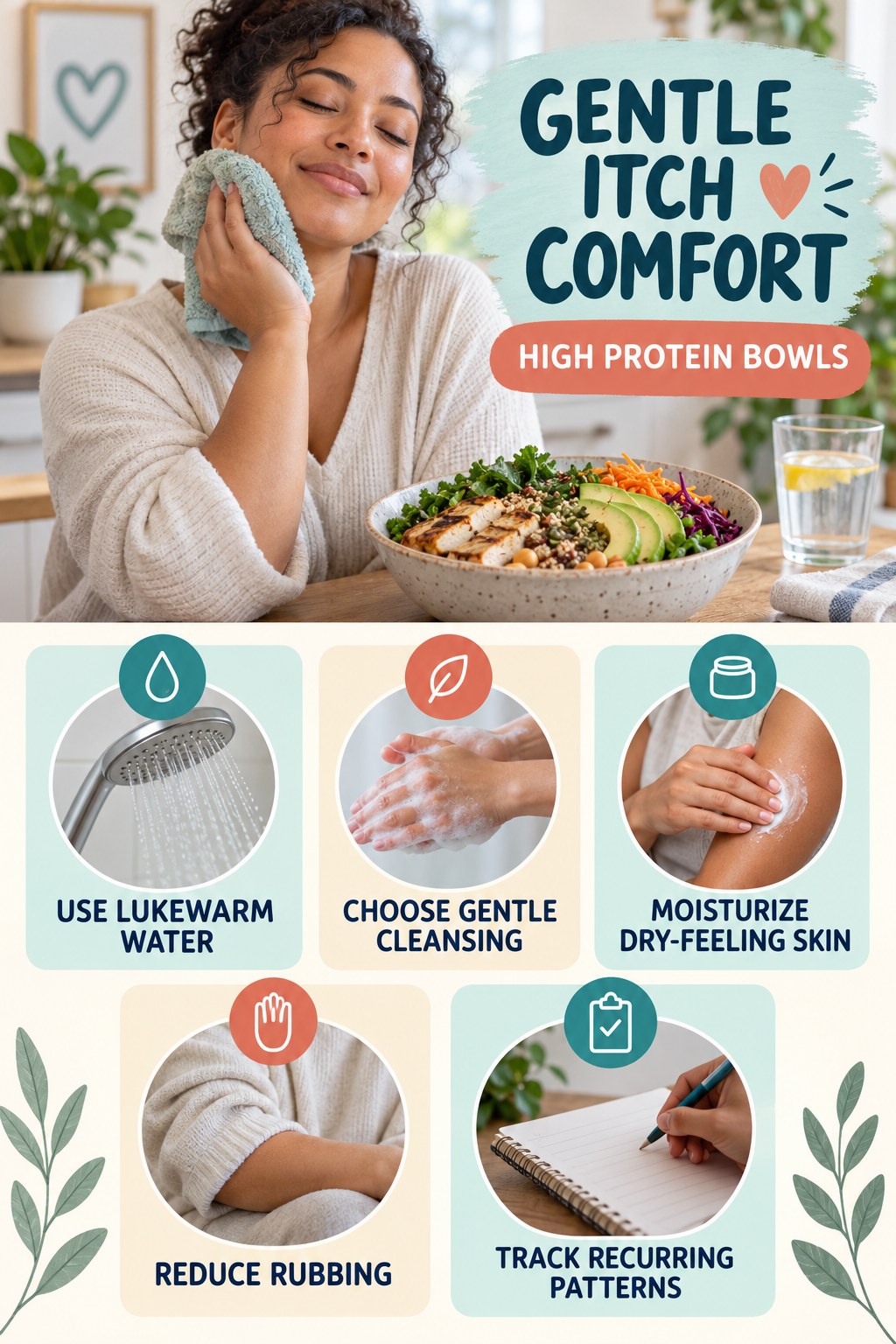 Gentle Everyday Comfort Routine infographic for High Protein Bowls with five gentle itchy-skin comfort strategies and a non-diagnostic safety focus.