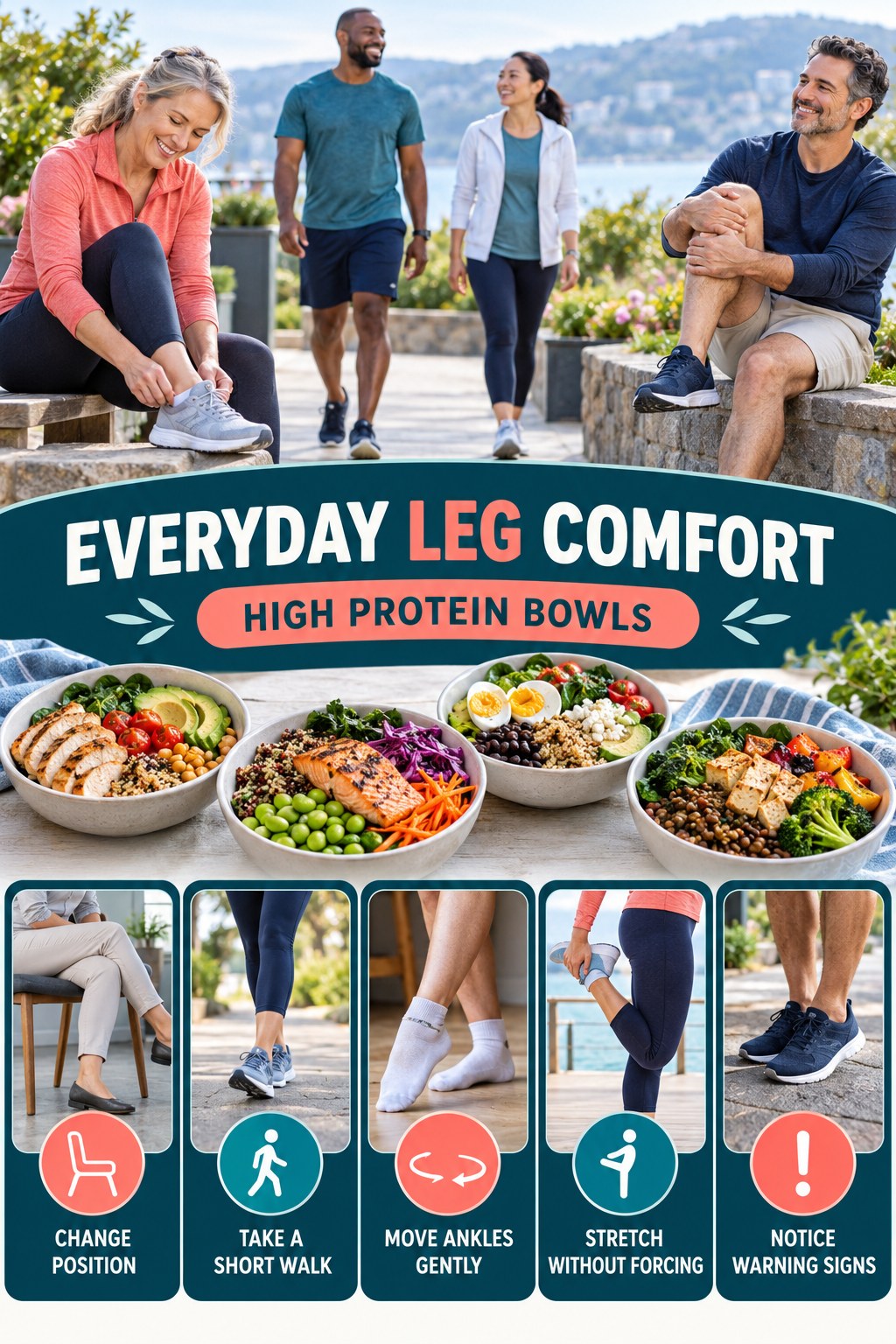 Gentle Everyday Leg Comfort infographic for High Protein Bowls with five gentle movement, position, footwear, recovery, or safety actions.