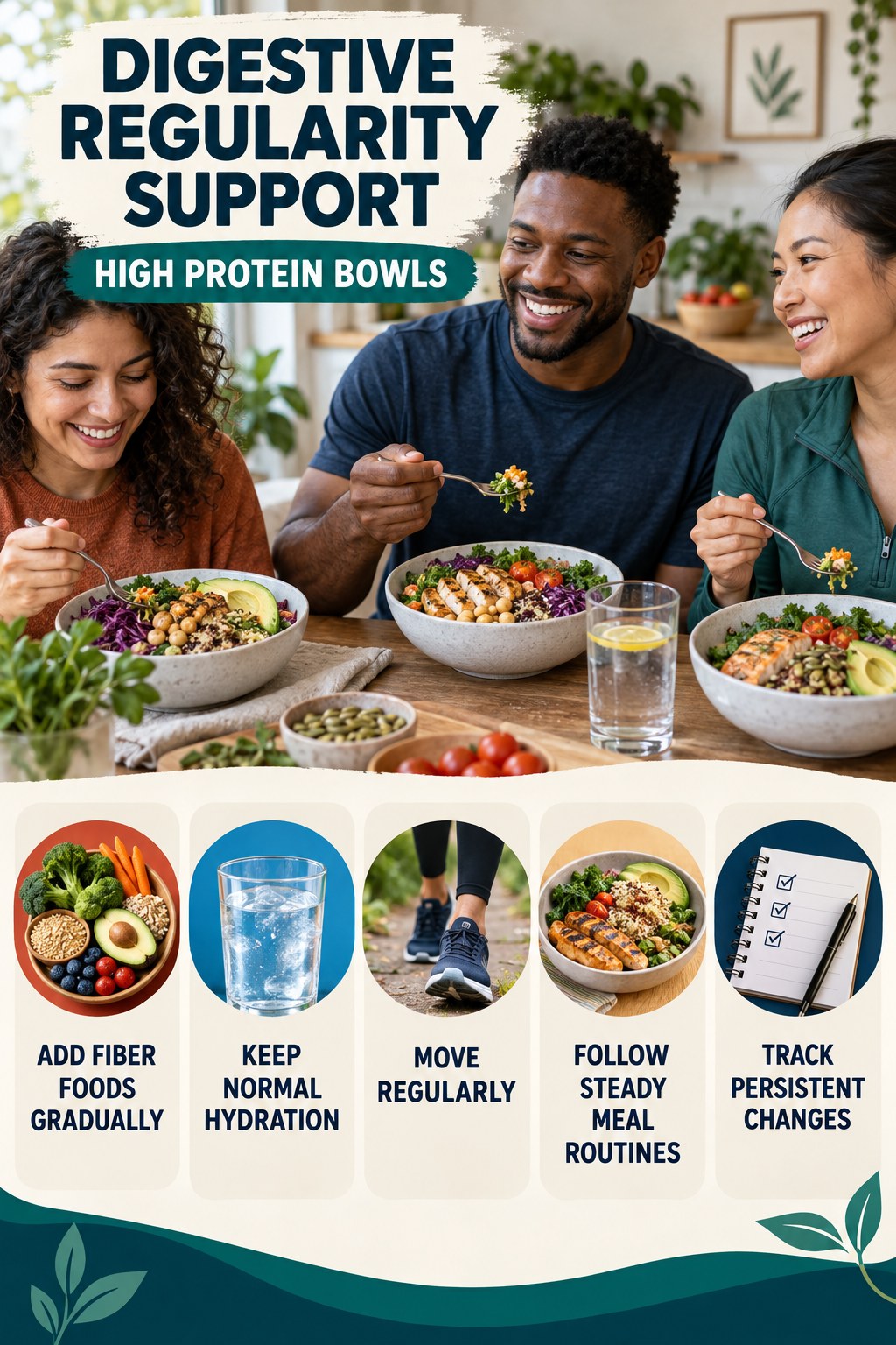 Gentle Everyday Regularity Habits infographic for High Protein Bowls with five practical food, hydration, movement, or routine actions and no cleanse claims.