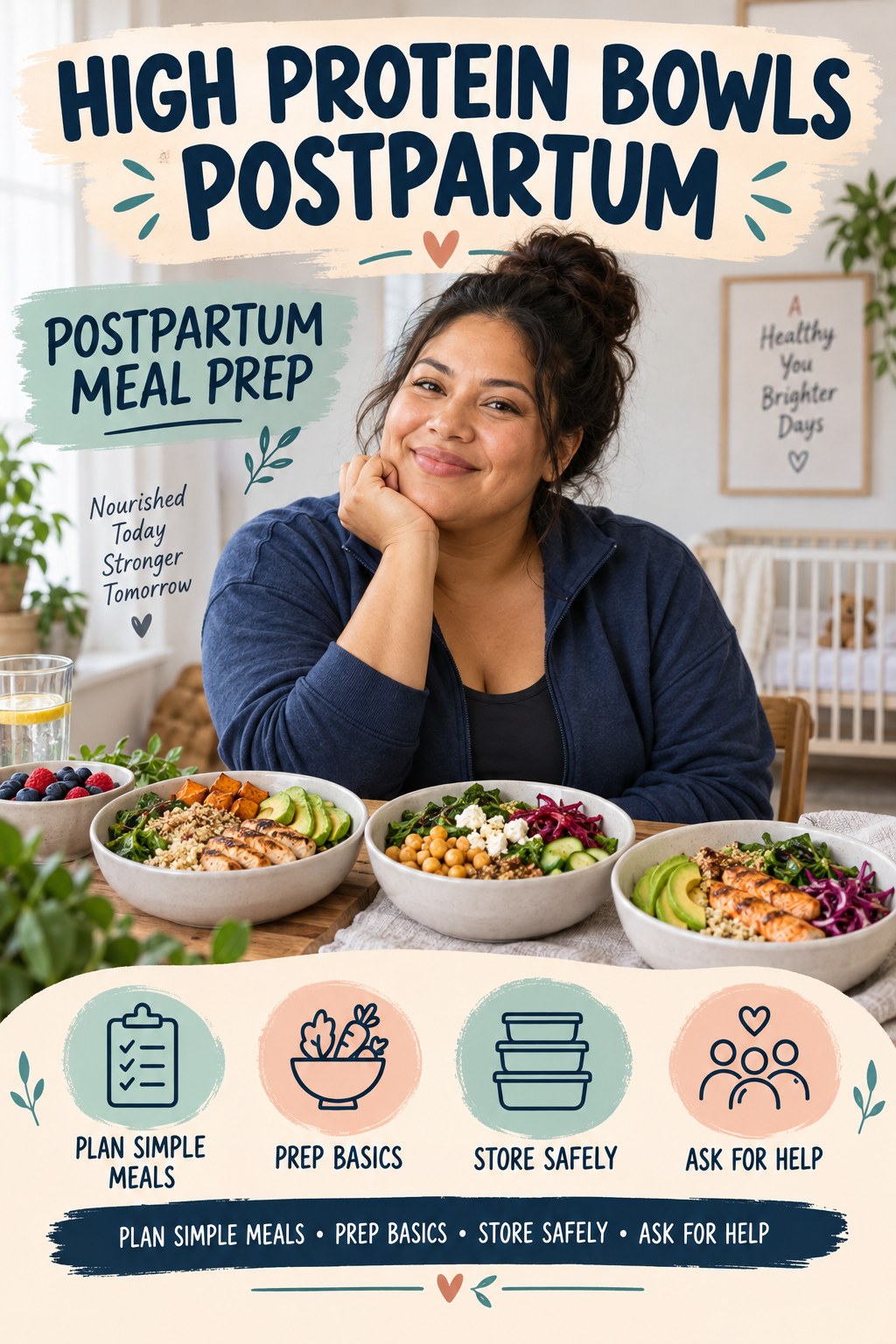High Protein Bowls postpartum graphic titled Postpartum Meal Prep with four gradual recovery-aware prompts.