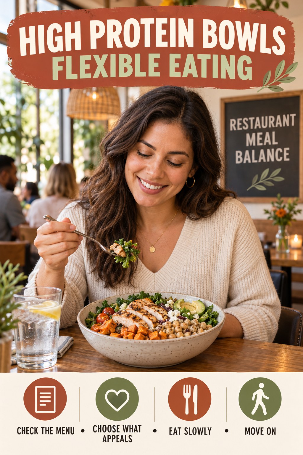 High Protein Bowls flexible eating graphic titled Restaurant Meal Balance with four practical balance prompts.
