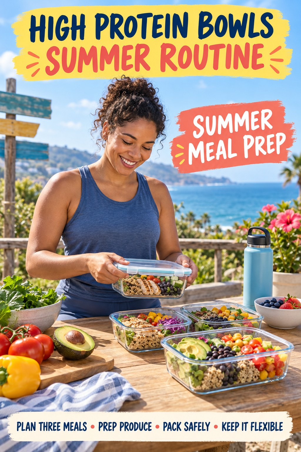High Protein Bowls summer routine graphic titled Summer Meal Prep with four practical wellness prompts.