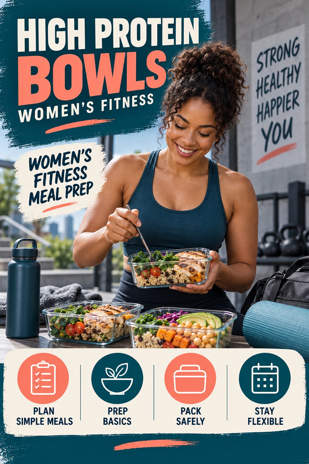 High Protein Bowls women’s fitness graphic titled Women’s Fitness Meal Prep with four practical training prompts.