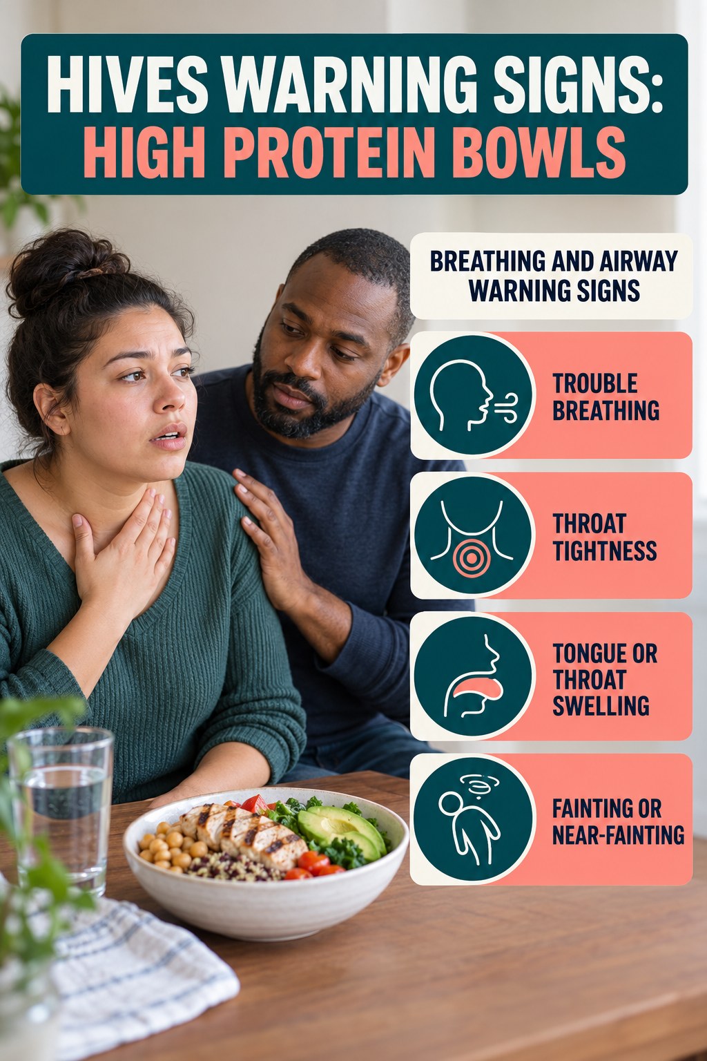 Breathing and Airway Warning Signs infographic for High Protein Bowls, highlighting urgent breathing, throat, swelling, fainting, and rapid-progression warning signs without diagnosing hives.