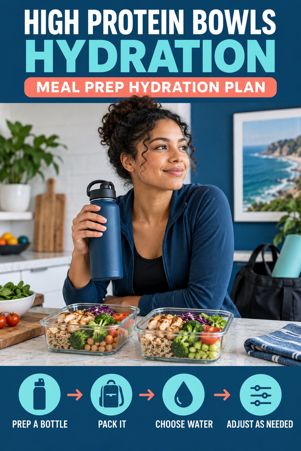 High Protein Bowls hydration graphic titled Meal Prep Hydration Plan with four flexible water-habit prompts and no fixed intake target.