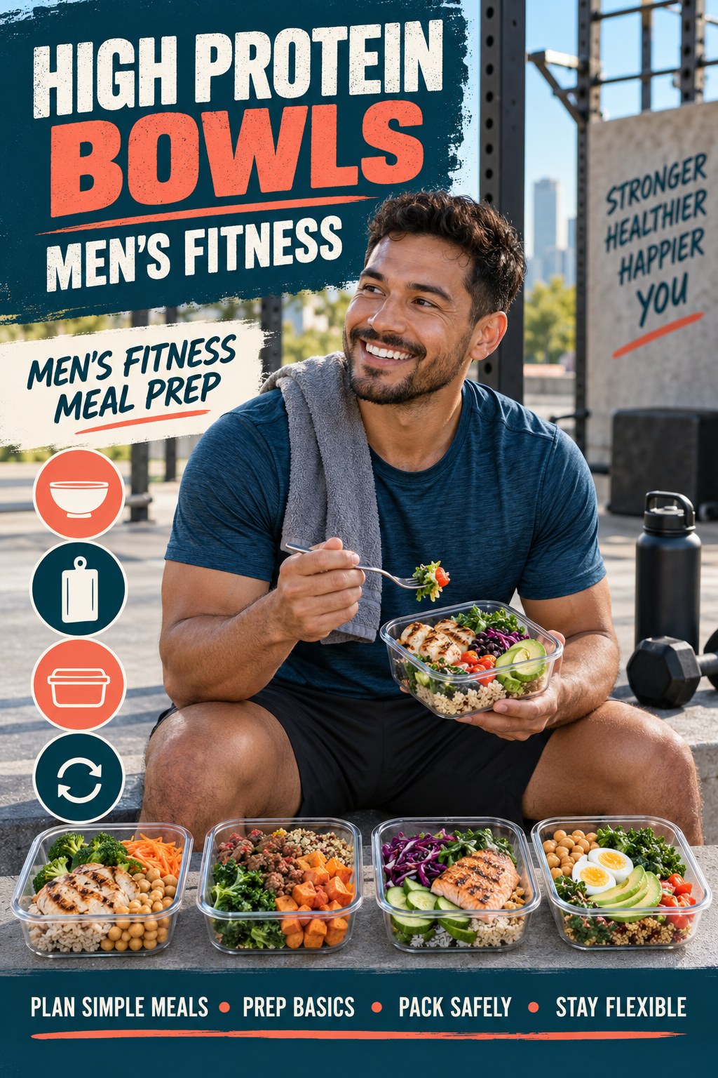High Protein Bowls men’s fitness graphic titled Men’s Fitness Meal Prep with four practical training prompts.