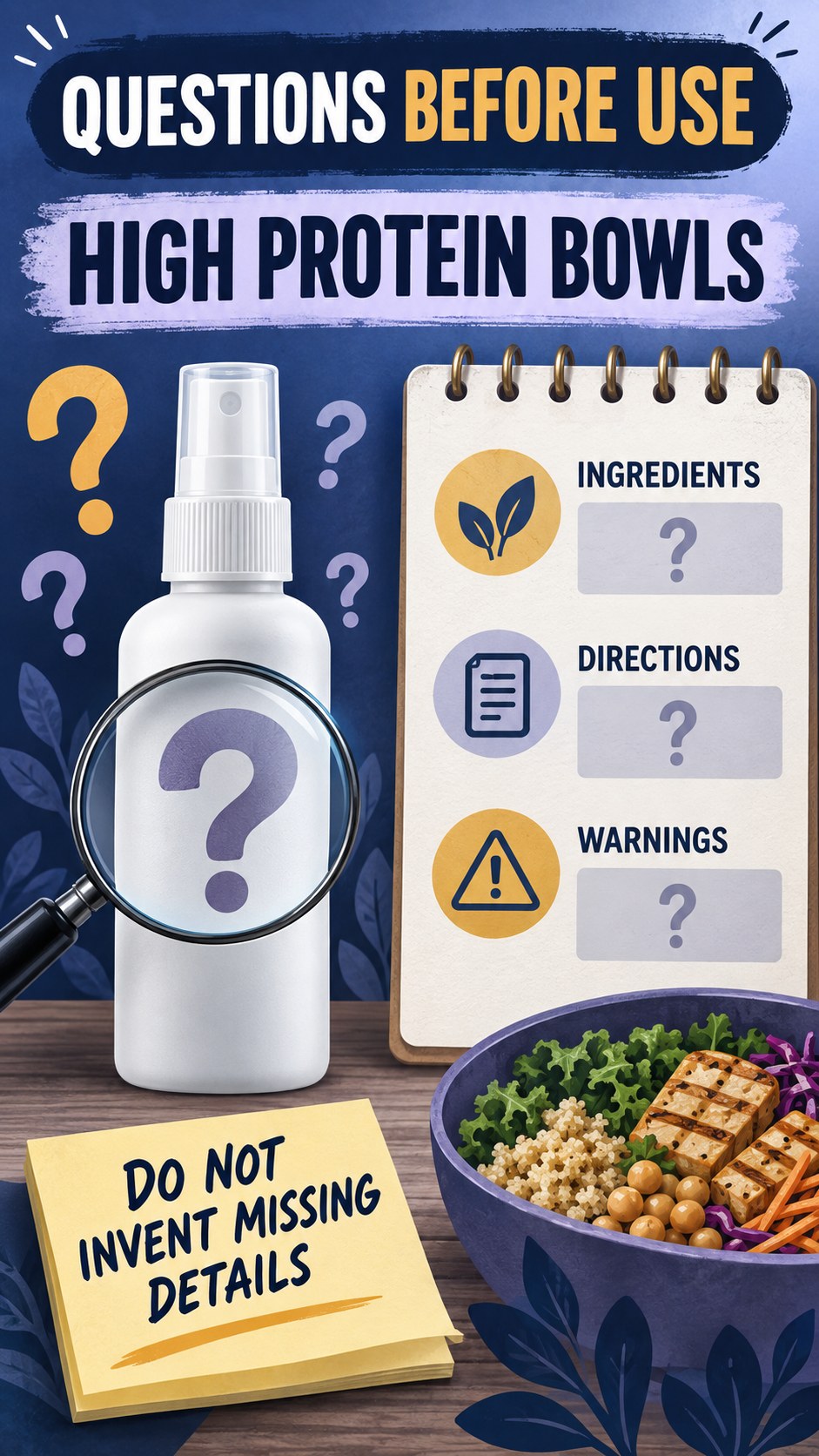 Missing Information Audit infographic for High Protein Bowls, showing a generic spray-label checklist that separates available facts, missing details, and evidence questions.