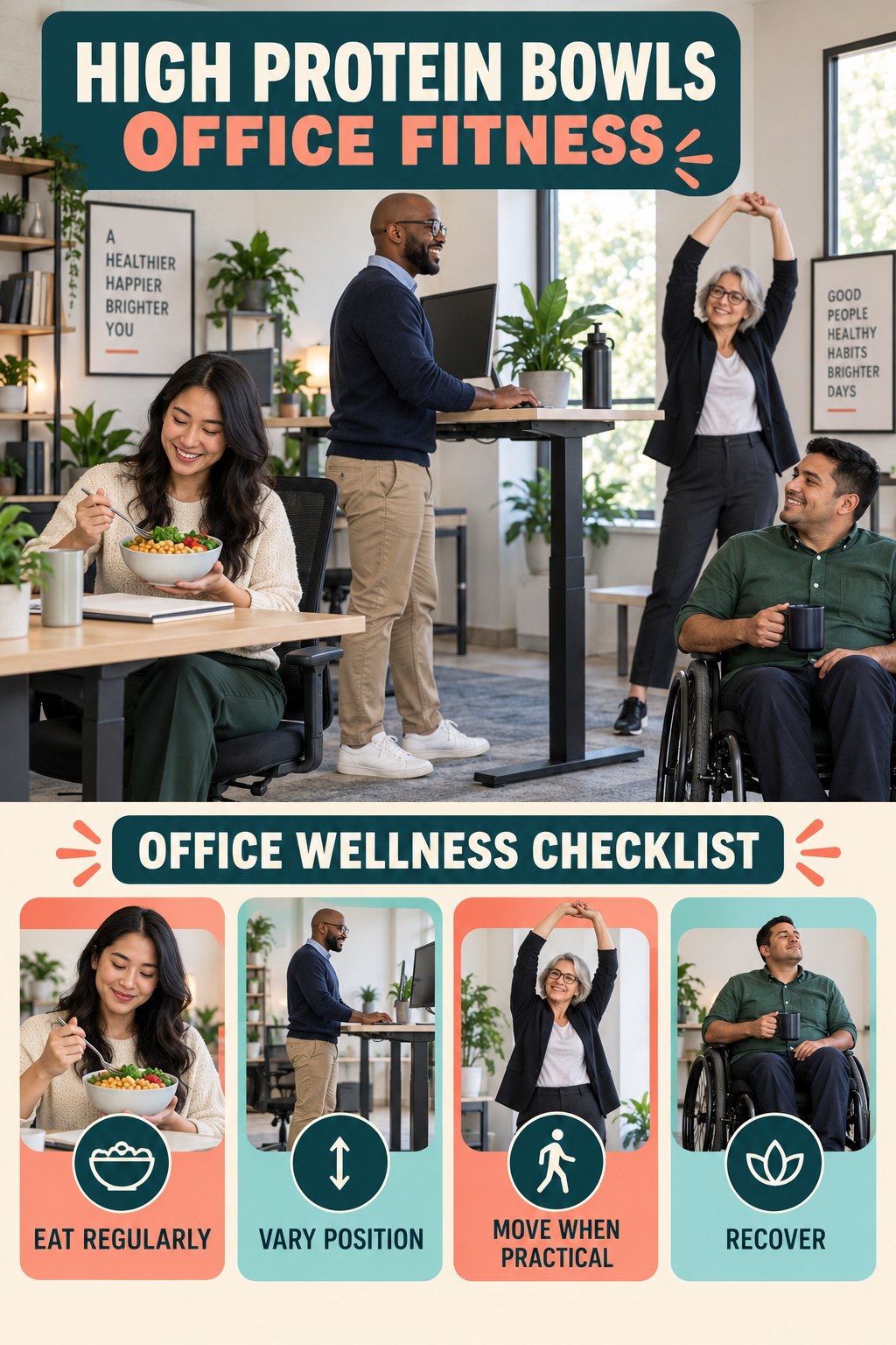 High Protein Bowls office-fitness graphic titled Office Wellness Checklist with four practical workday movement prompts.