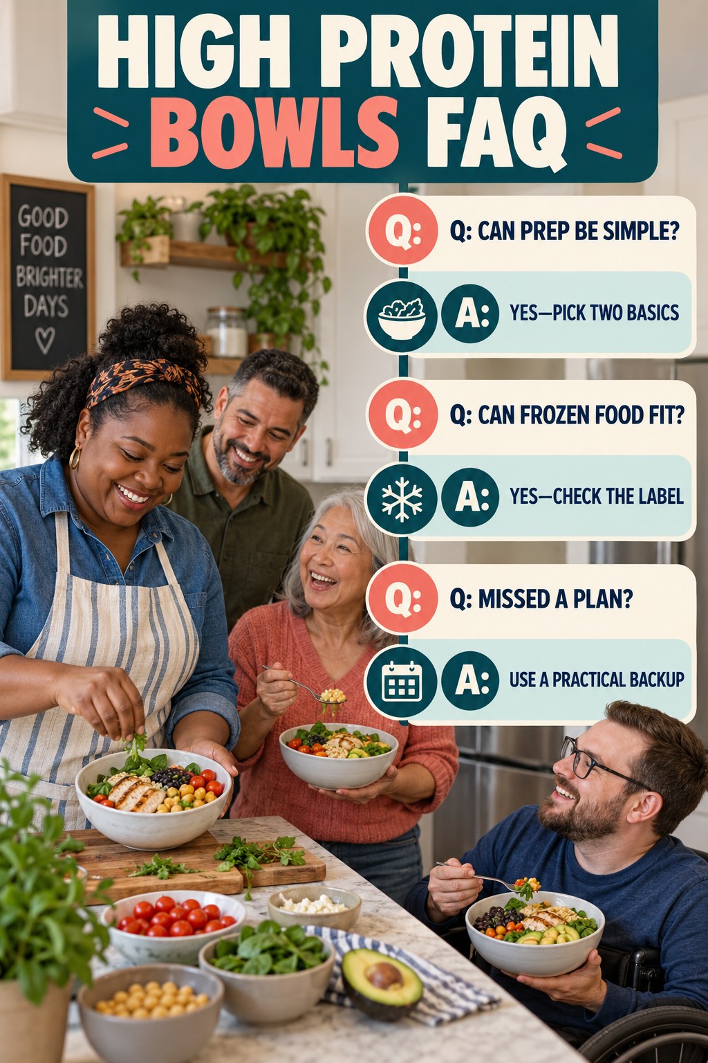 High Protein Bowls FAQ graphic with three concise questions and practical answers for beginners.