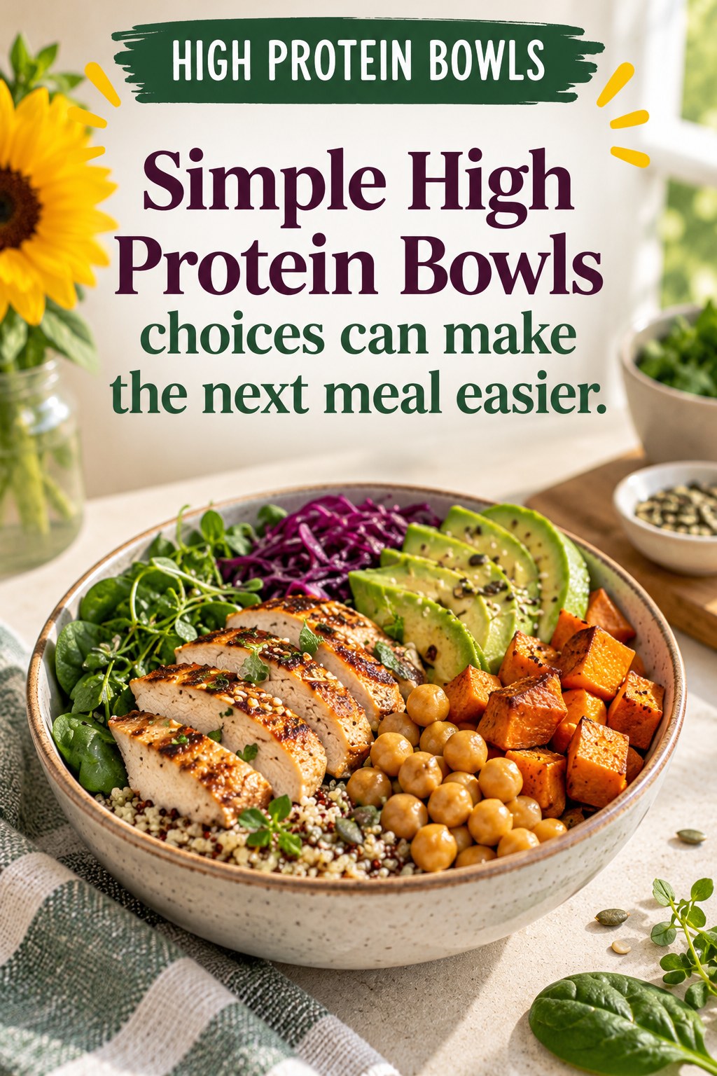Original High Protein Bowls quote graphic reading “Simple High Protein Bowls choices can make the next meal easier.” in a board-relevant editorial design.