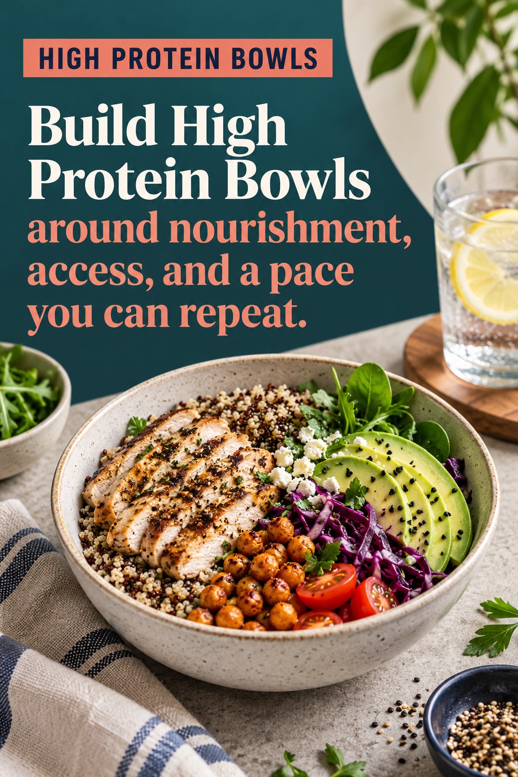Original High Protein Bowls quote graphic reading “Build High Protein Bowls around nourishment, access, and a pace you can repeat.” in a board-relevant editorial design.