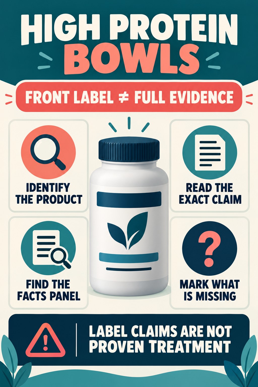 Read the Front Label Without Overreading It prostate supplement label-literacy infographic for High Protein Bowls with four careful reading points.