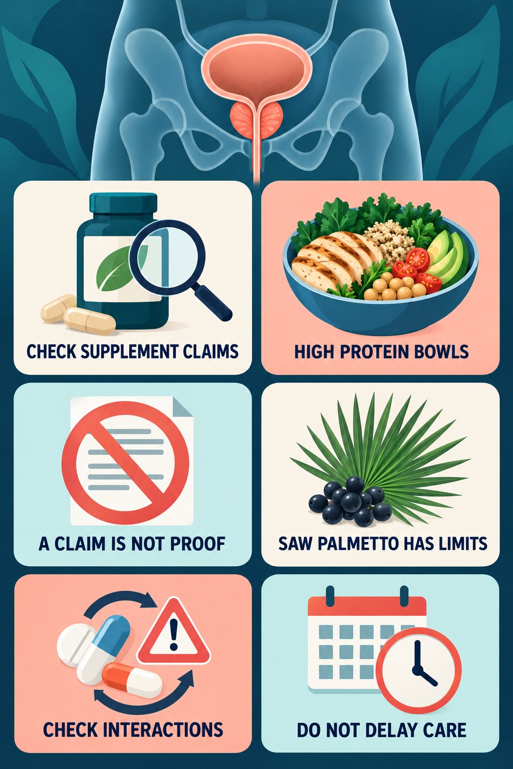 Saw Palmetto Claims Need Evidence infographic for High Protein Bowls with four concise prostate-health awareness points.