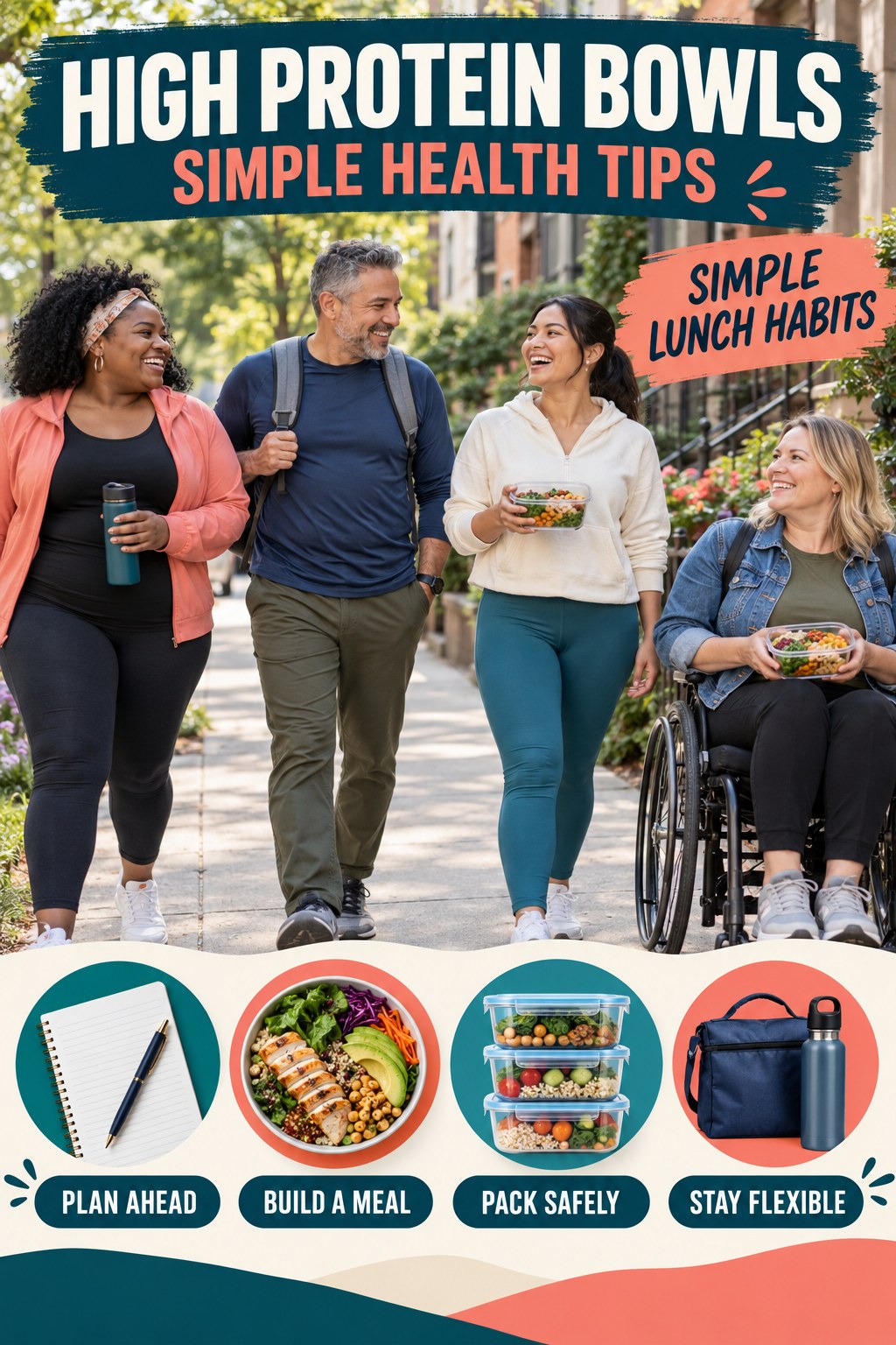 High Protein Bowls simple-health graphic titled Simple Lunch Habits with four practical wellness prompts.