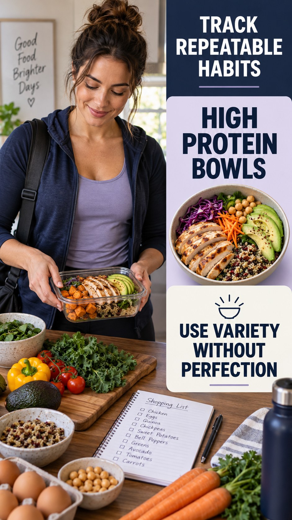 Food Variety Routine infographic for High Protein Bowls, showing practical metabolism-support habits for an active lifestyle.