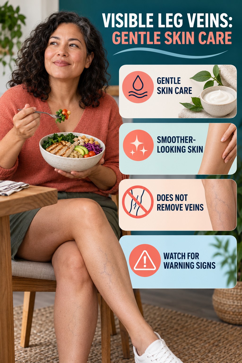Gentle Skin Care infographic for High Protein Bowls, showing body-neutral visible-leg-vein appearance care and the boundary between temporary cosmetic support and treatment.