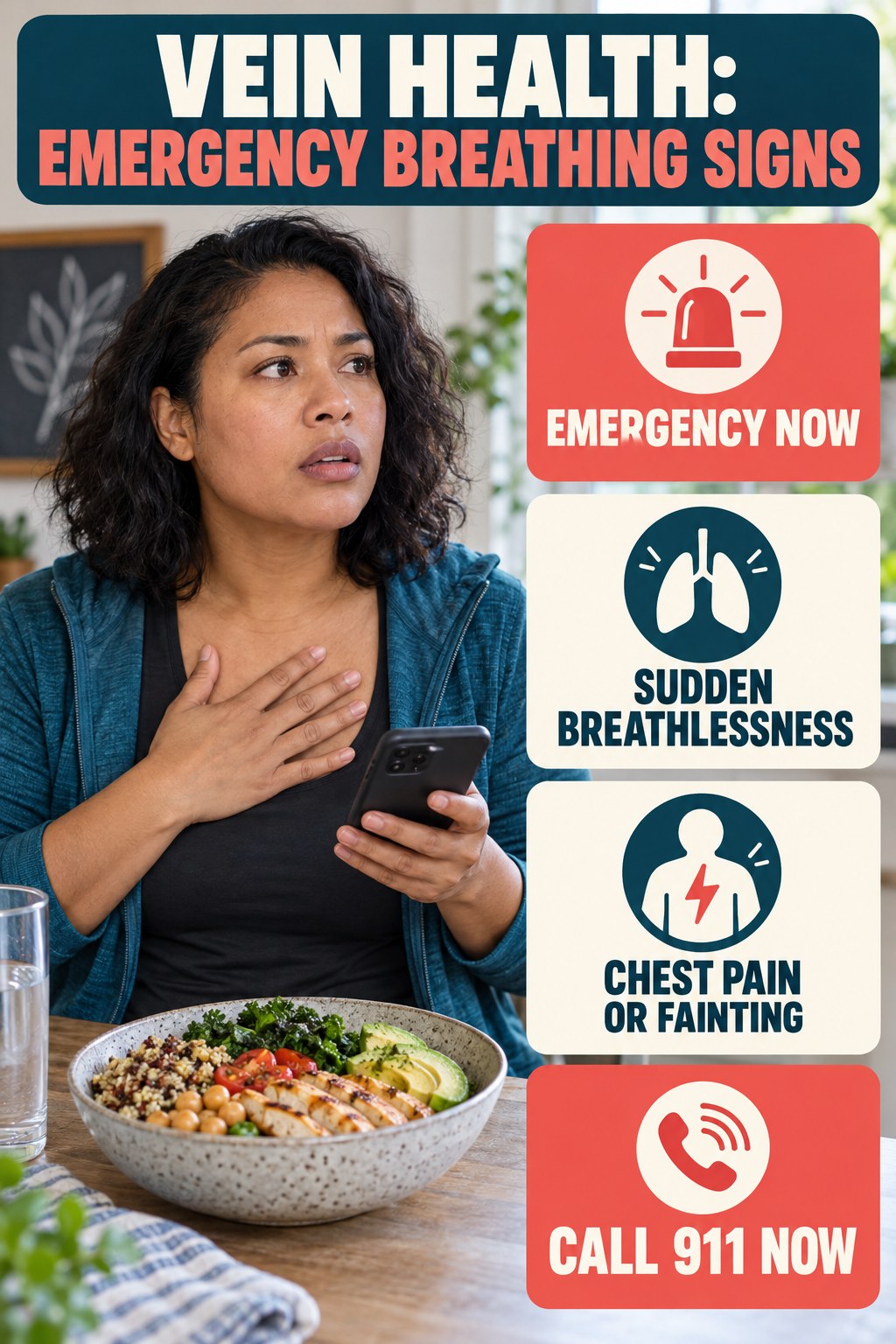 Emergency Breathing Signs infographic for High Protein Bowls, explaining vein-health warning signs and the appropriate next action without diagnosing a condition.