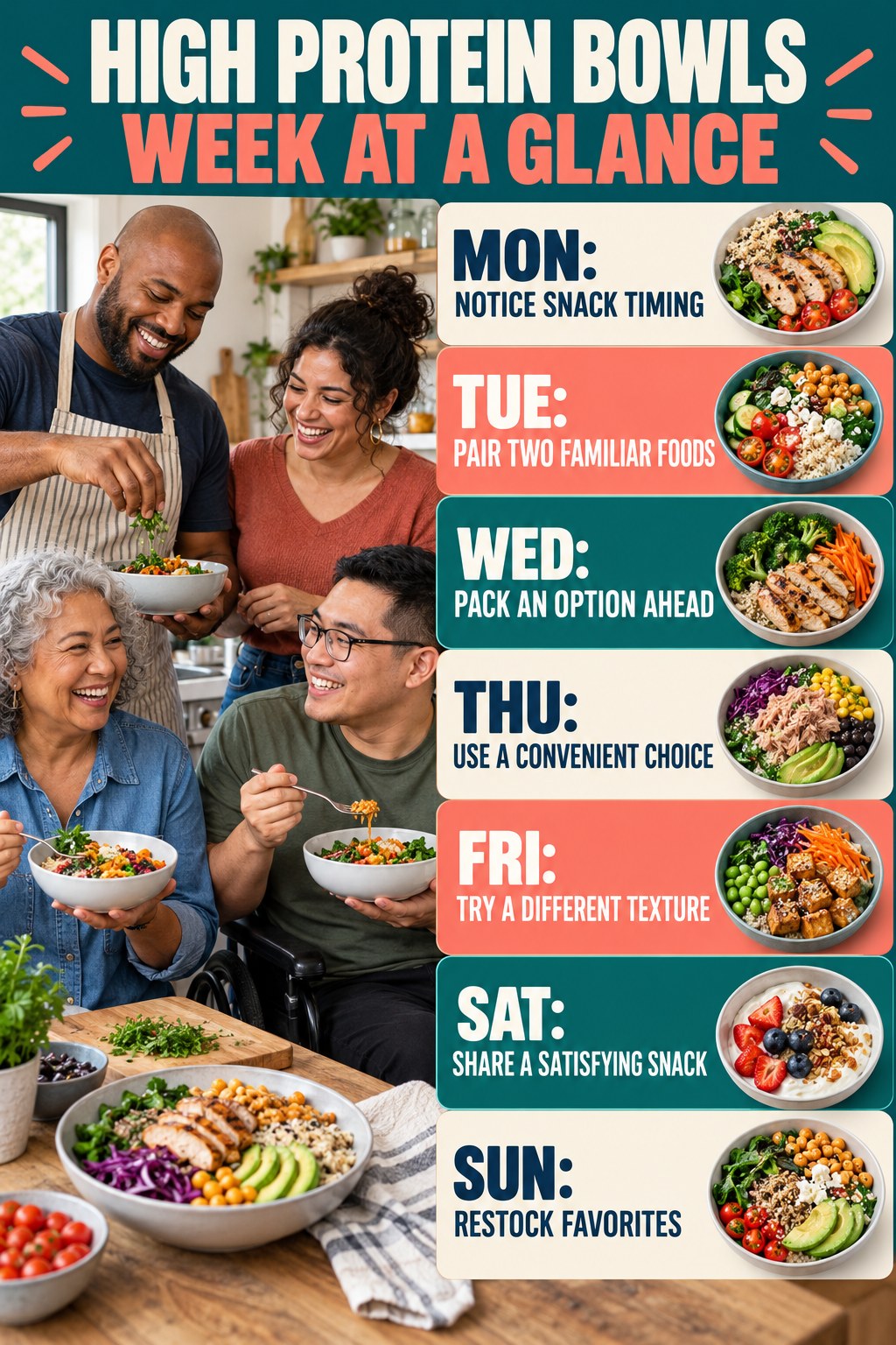 Weekly High Protein Bowls plan graphic with concise Monday-to-Sunday actions and flexible recovery guidance.