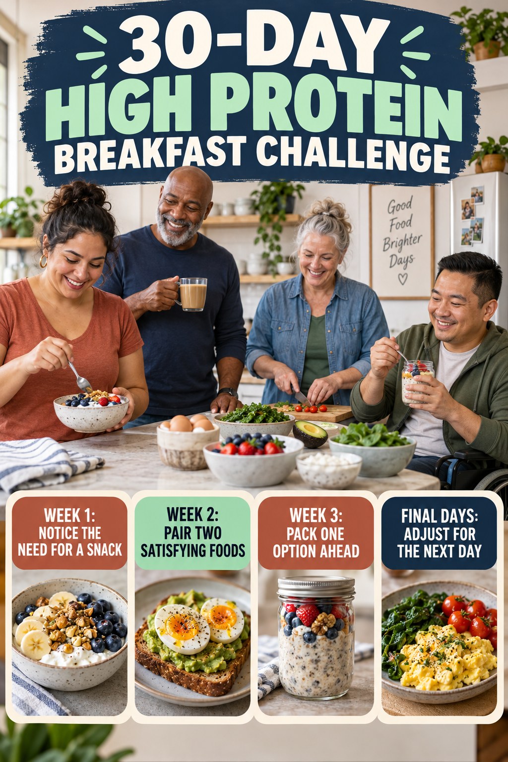 30-day High Protein Breakfast challenge graphic showing four manageable milestones for consistent practice.