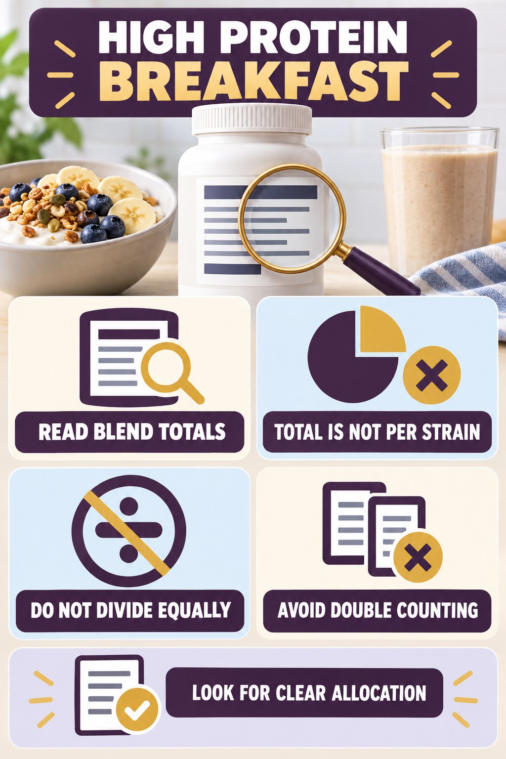 A Blend Total Does Not Reveal Each Strain infographic for High Protein Breakfast with four concise probiotic-label reading points.