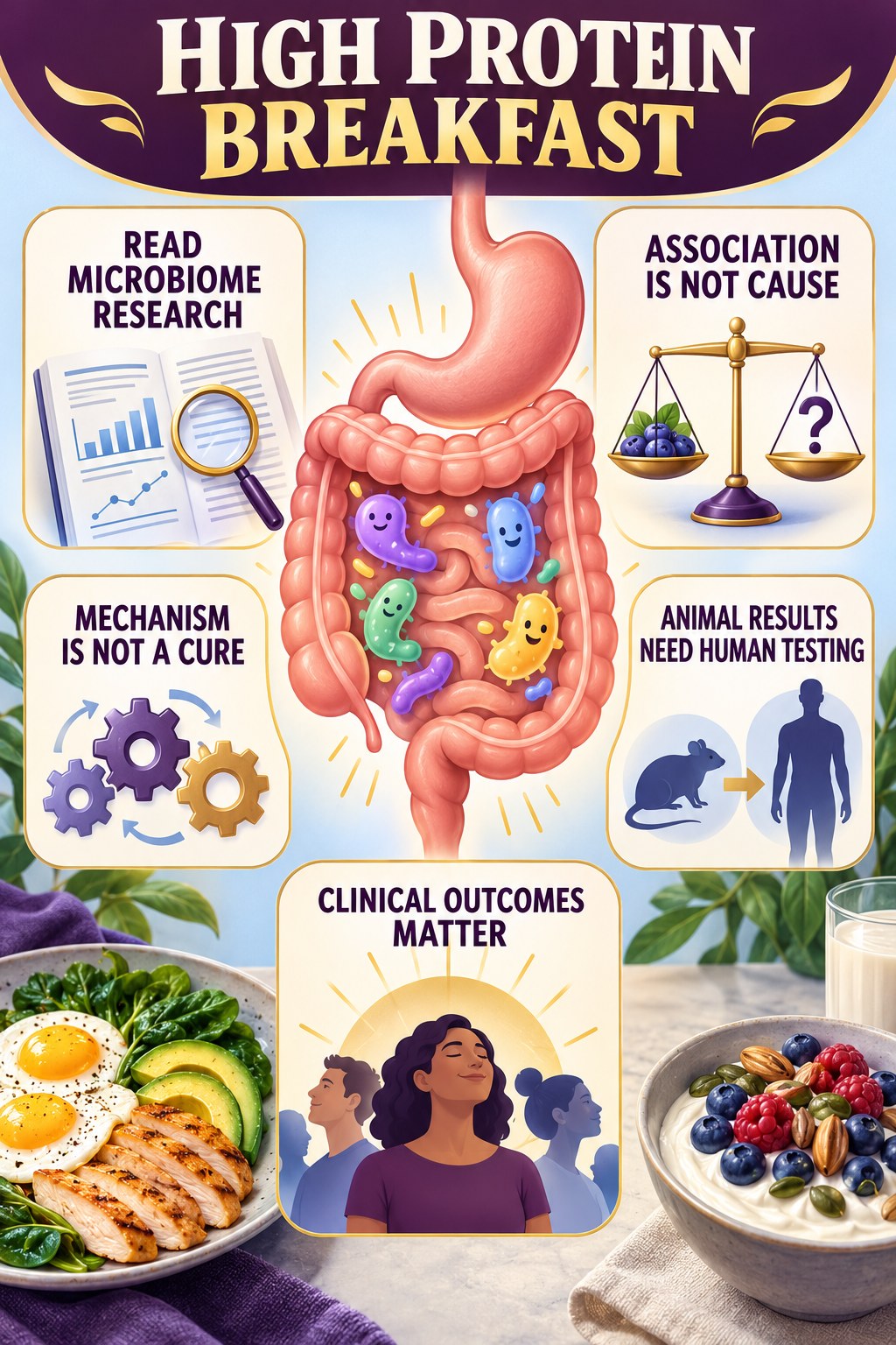 Association Is Not the Same as Cause educational infographic for High Protein Breakfast with four evidence-aware points.