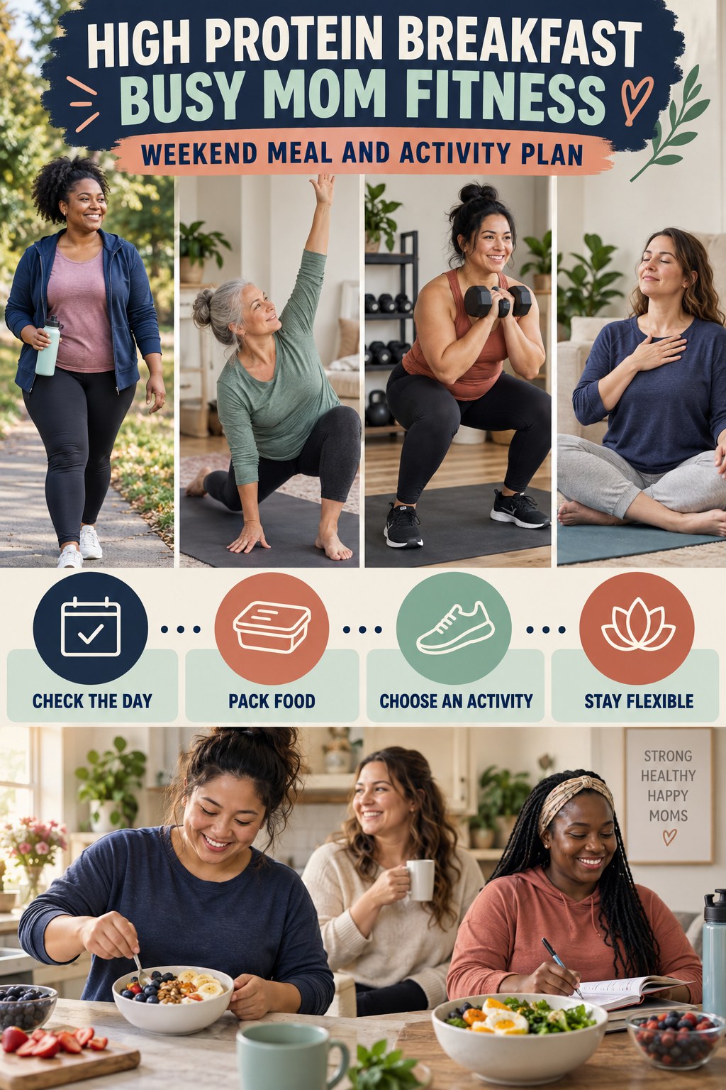 High Protein Breakfast busy-mom fitness graphic titled Weekend Meal and Activity Plan with four practical movement prompts.