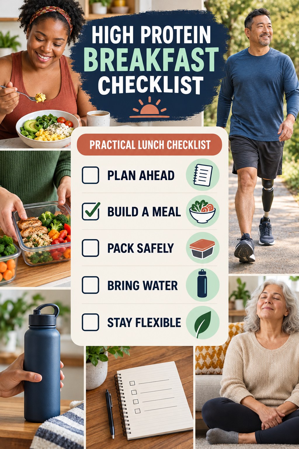 High Protein Breakfast checklist graphic titled Practical Lunch Checklist with five clear practical wellness items.