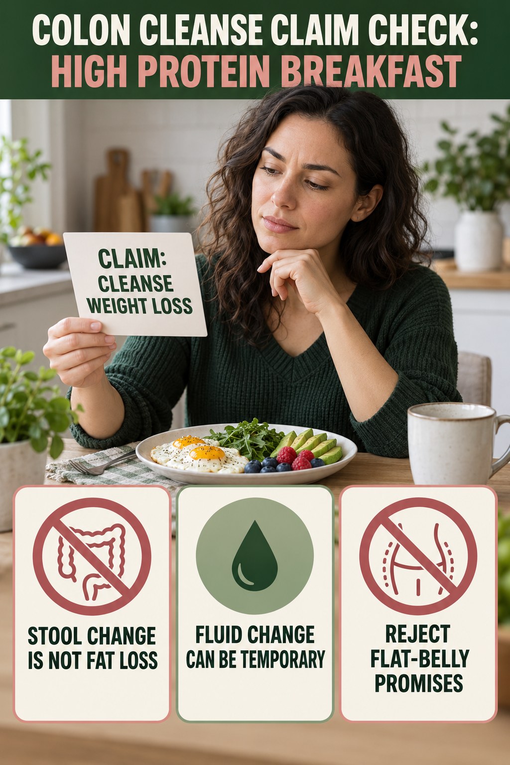 Weight-Loss and Flat-Belly Claims infographic for High Protein Breakfast, separating a colon-cleanse marketing claim from evidence, reasonable conclusions, and safety context.