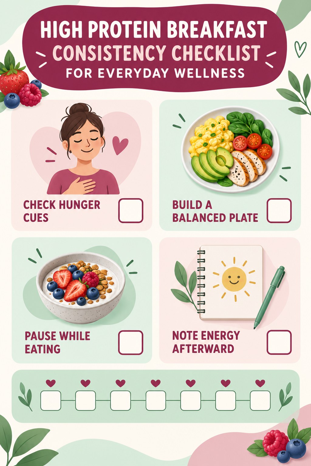 High Protein Breakfast Consistency Checklist for Everyday Wellness infographic with checkboxes for check hunger cues, build a balanced plate, pause while eating, note energy afterward.