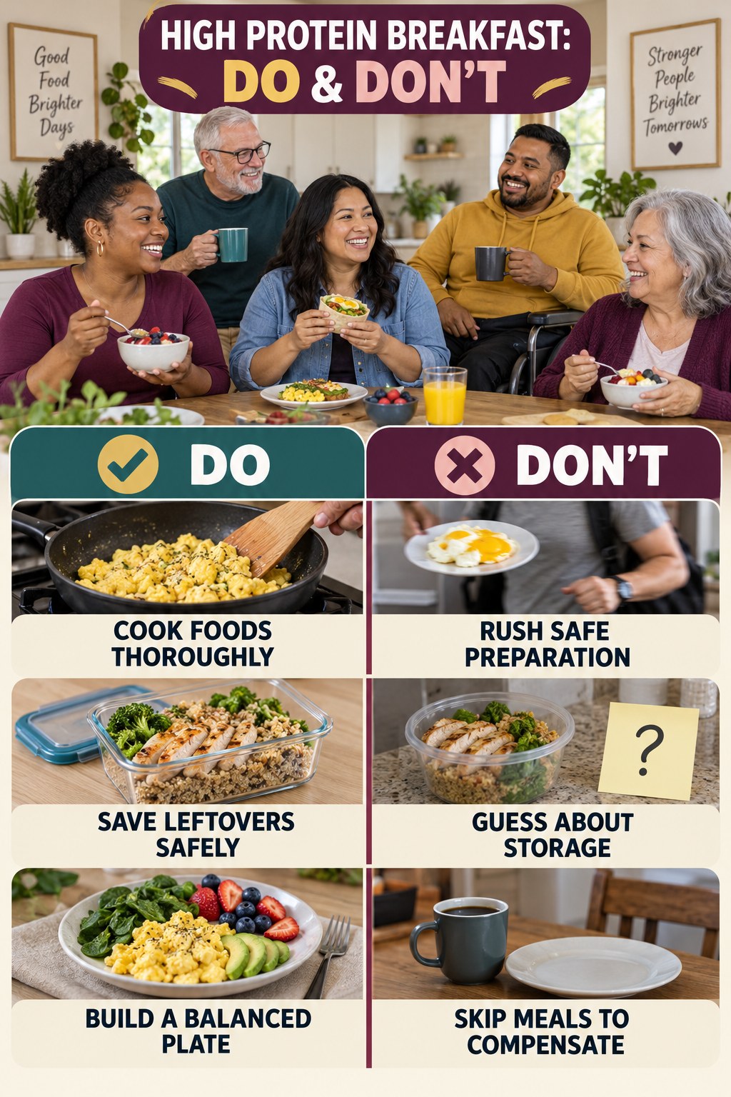 High Protein Breakfast Do and Don’t comparison graphic showing three practical behavior pairs for mindful eating.