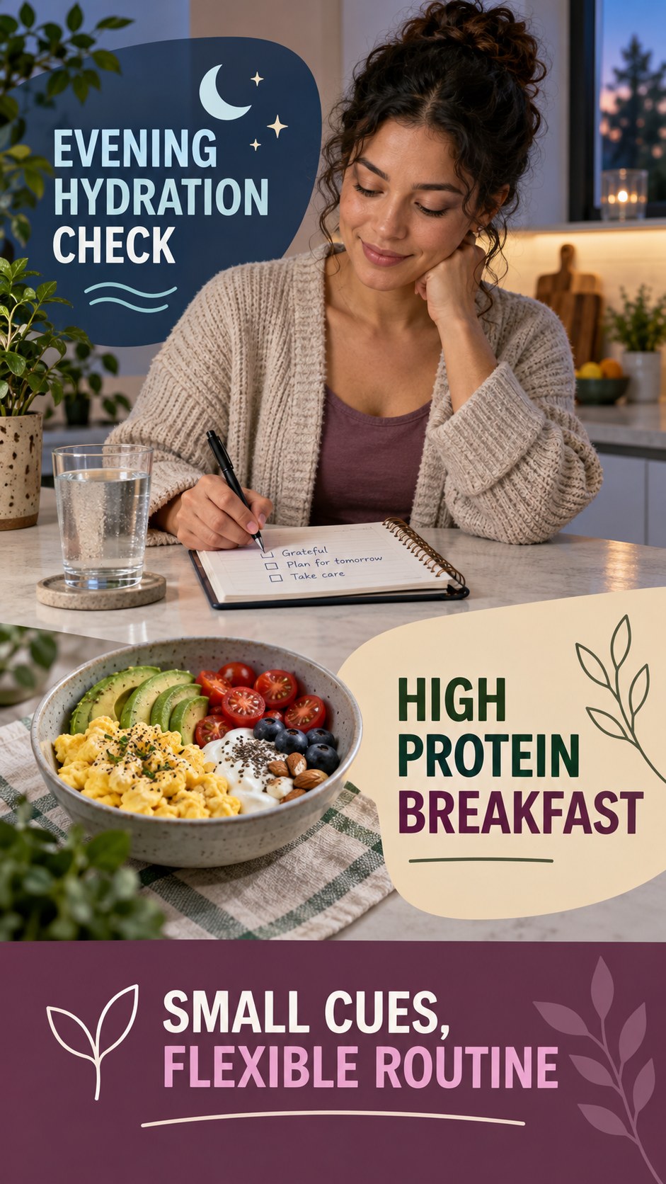 Evening Hydration Awareness infographic for High Protein Breakfast, showing a flexible and calming evening wellness routine.