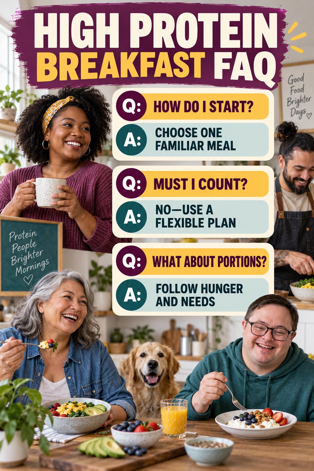 High Protein Breakfast FAQ graphic with three concise questions and practical answers for beginners.
