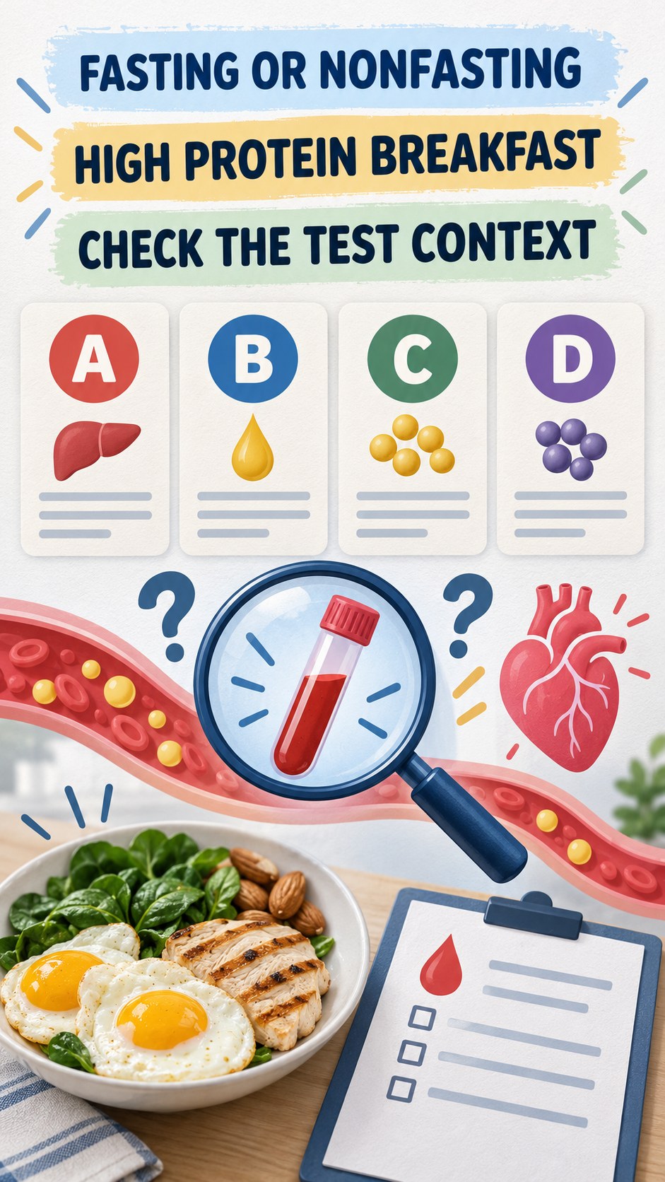 Fasting and Nonfasting Questions infographic for High Protein Breakfast, using a non-numerical educational lipid-panel layout with question and context icons.