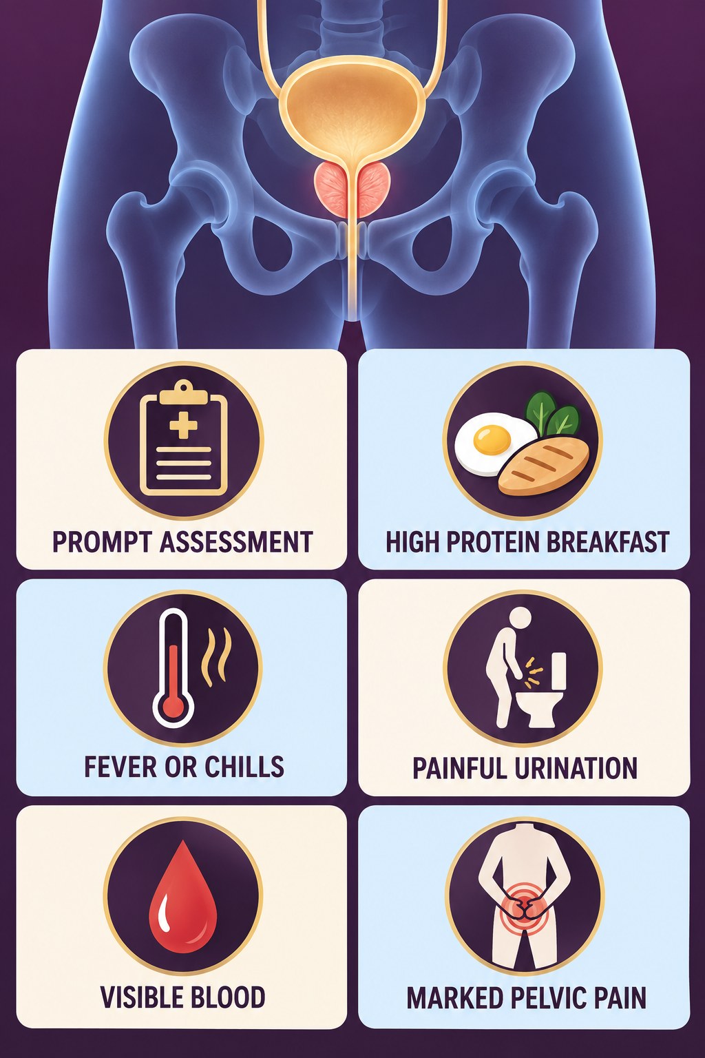 Fever, Chills, and Urinary Pain Need Prompt Assessment infographic for High Protein Breakfast with four concise prostate-health awareness points.